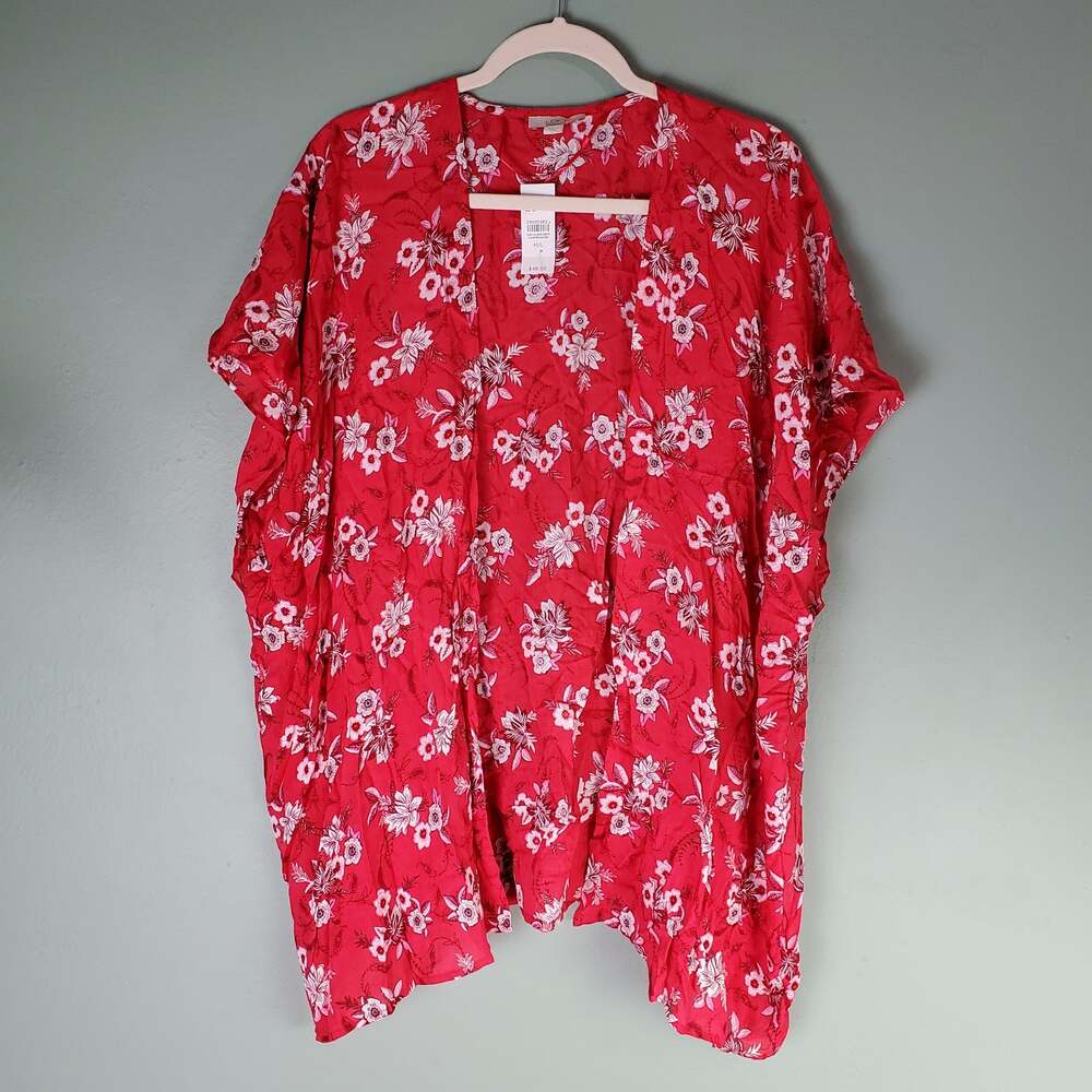 Loft Womens Red Floral Print Open Front Zinnia Kimono Size Medium / Large